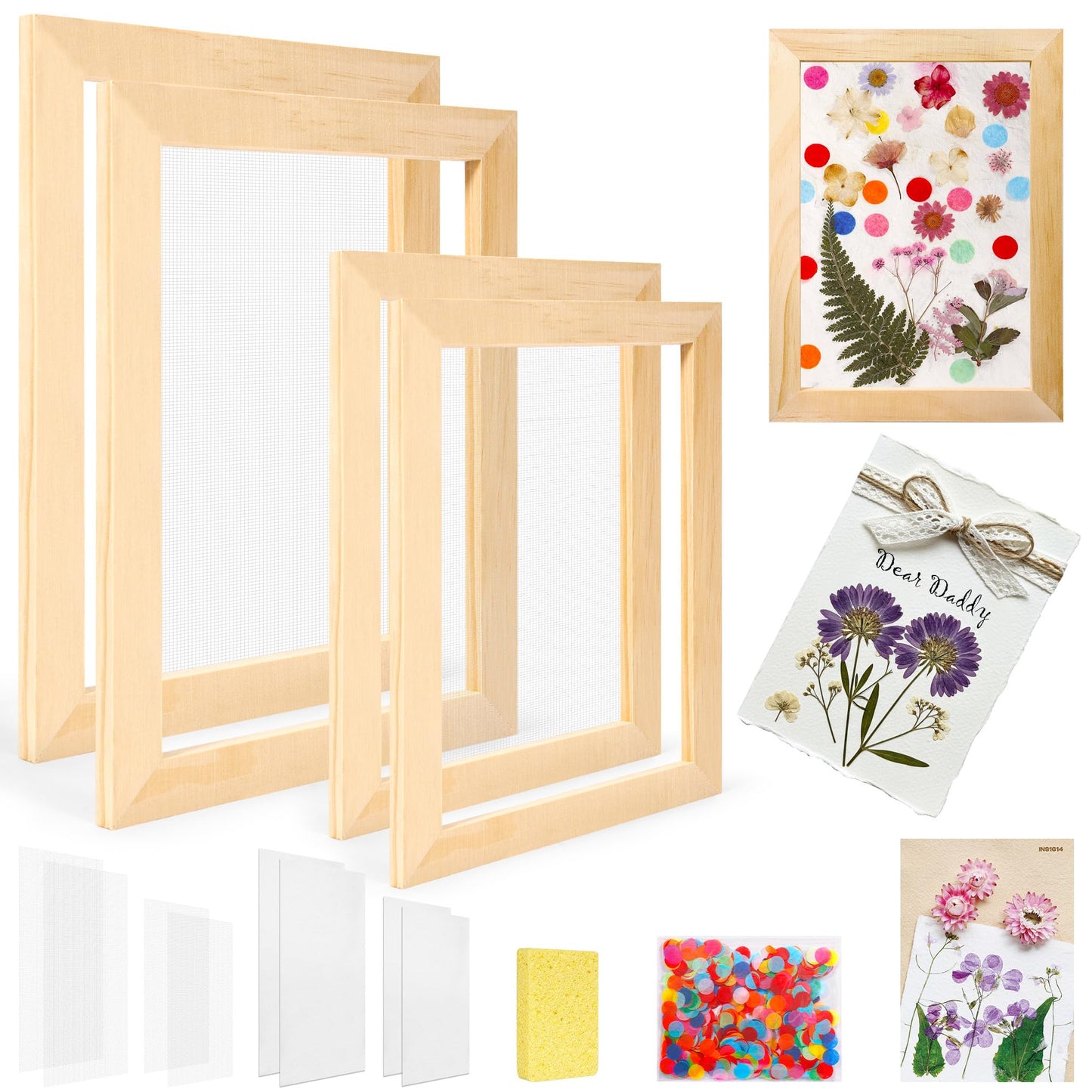 Aboofx Paper Making Kit, A5 & A6 Size Paper Making Screen Frame Kit, Wooden Mold and Deckle with Mesh, Absorbent Papers, Sponge and Confetti, DIY Handmade Papers Making Supplies Gift for Craft Lovers