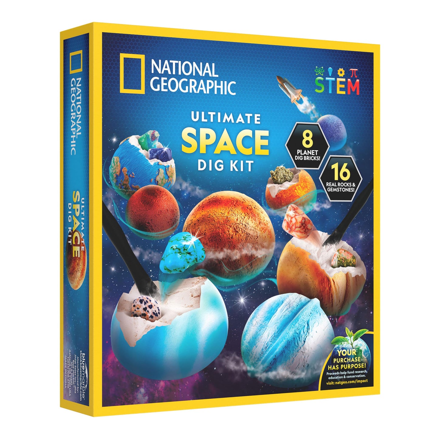 National Geographic Ultimate Space Gemstone Dig Kit – 8 Planet-Shaped Bricks with 16 Real Rock & Gemstone Specimens, Gems for Kids, Excavation Digging Activity, Gem Mining Kit