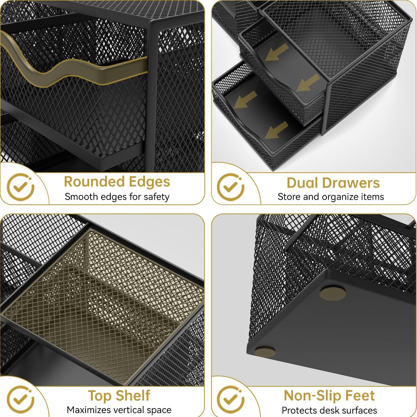 ReePlan Mesh Desk Organizer, Pen Organizer with 2 Drawers and 5 Compartments, Versatile Pen Holder for Small Space, Desk Organizers and Accessories for School Office Supplies, Black