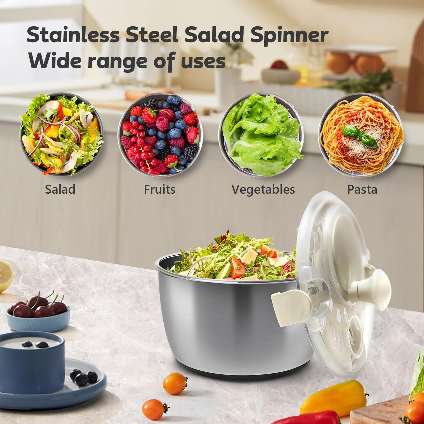 Salad Spinner Stainless Steel，Manual lettuce dryer With lid, basin, drain frame and non-slip base,lettuce spinner with Quick Spin,Spaghetti & Chip Strainer BPA Free,Easy Clean,5qt