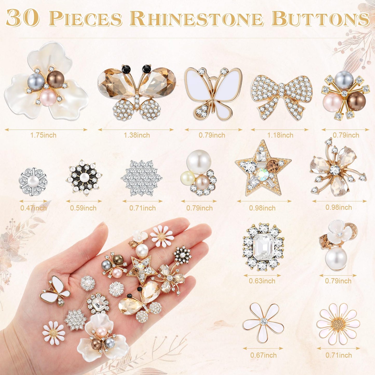 Liliaafar 30 Pcs Rhinestone Buttons Faux Pearl Embellishments Flat Back Flower Rhinestone Butterfly Buttons for Clothing Jewelry Making DIY Decoration Sewing Crafts Bag Shoes Women Wedding Bridal