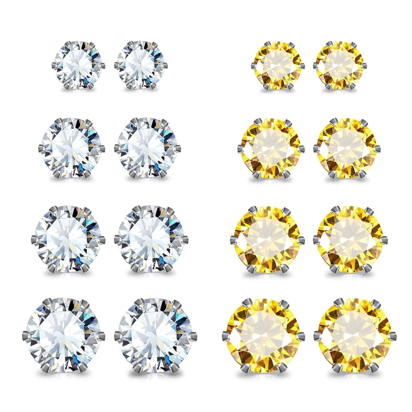 JewelrieShop Earrings for Women Studs Set Stainless Steel CZ Earing Hypoallergenic Multiple Piercing Ear Stud (8 pairs,4-8mm,White,Yellow CZ)