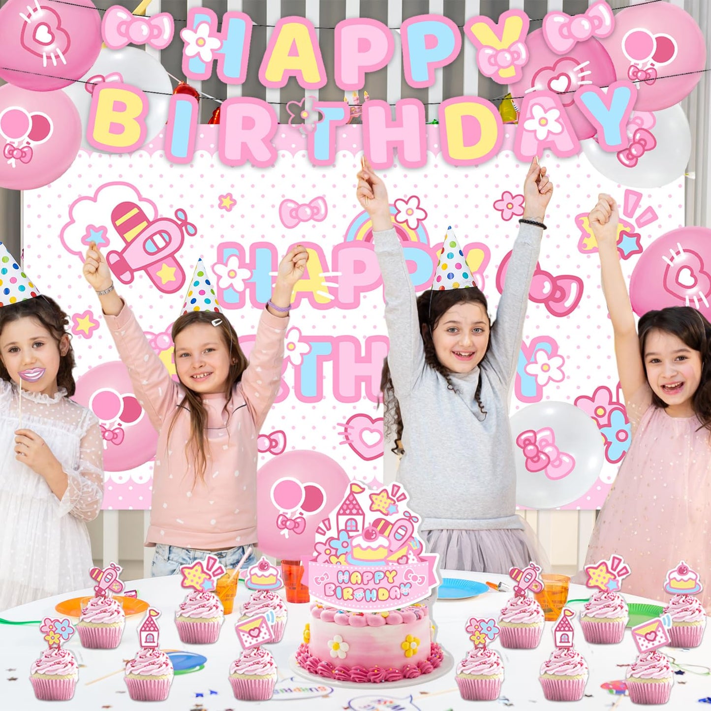 42Pack Kitty cat Party decoration pack include Banner,Cake Toppers,Balloons，Blackdrop for Kitty Birthdday Party Decoration