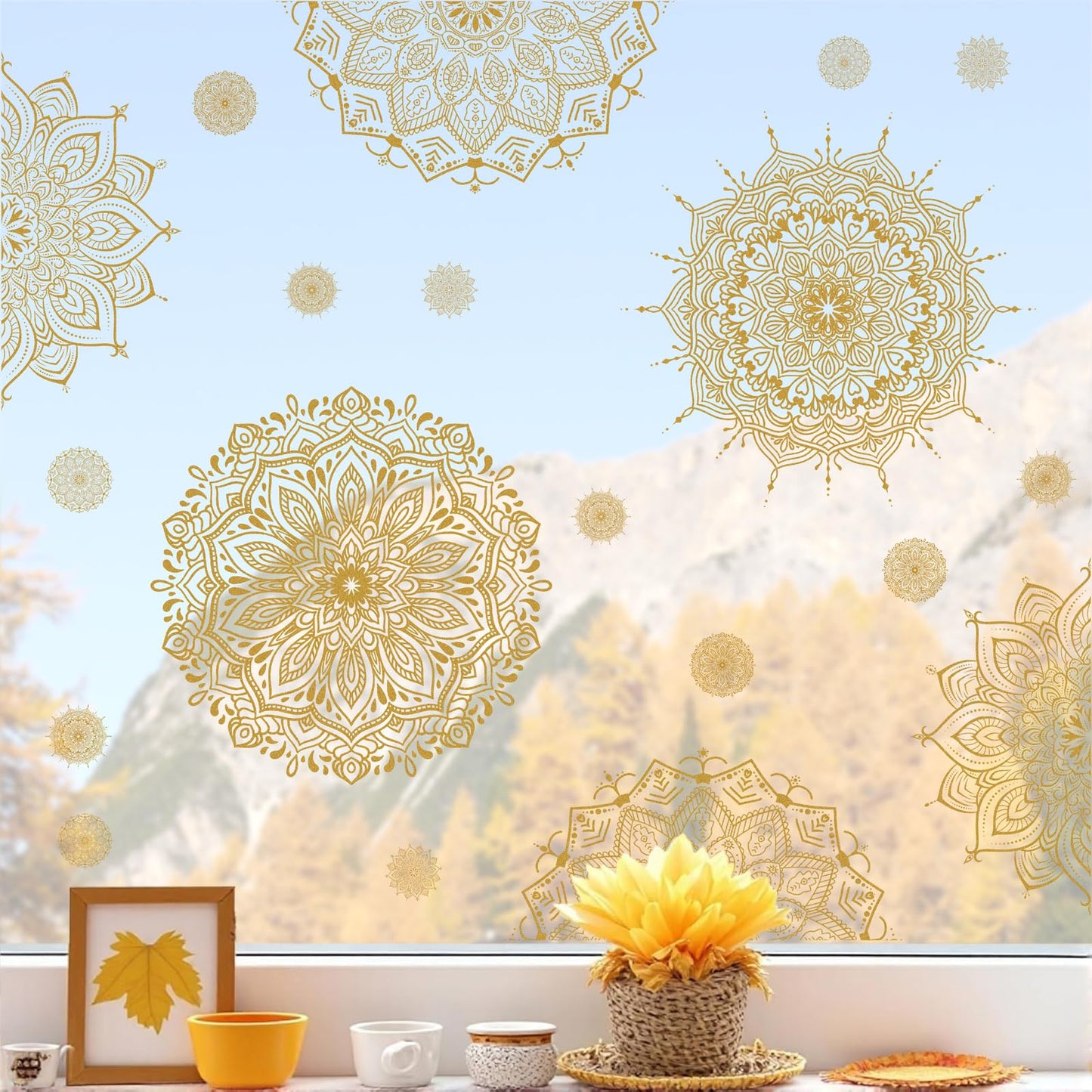 Kazova Gold Mandala Window Clings 22 Pcs 4 Sheets Double Sided Lotus Flower Window Stickers Vinyl Cling Non Adhesive Reusable Window Decals for Glass