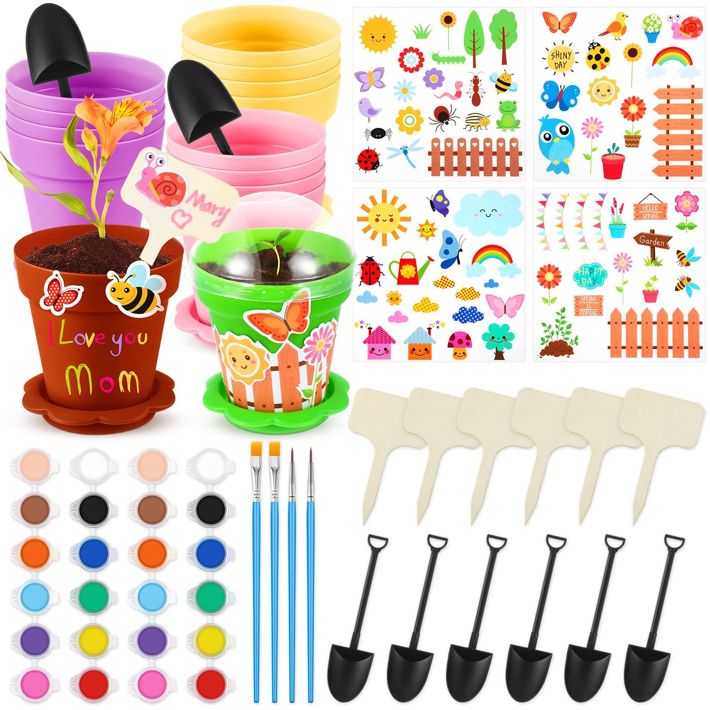 SiliFine 24 Sets Spring Kids Plant Growing Kit Flower Pots Cupcake Plant Nursery Pots Gardening Kit for Kids with Paint and Stickers Labels Name Tag for Easter Mothers Day Craft Bulk Classroom