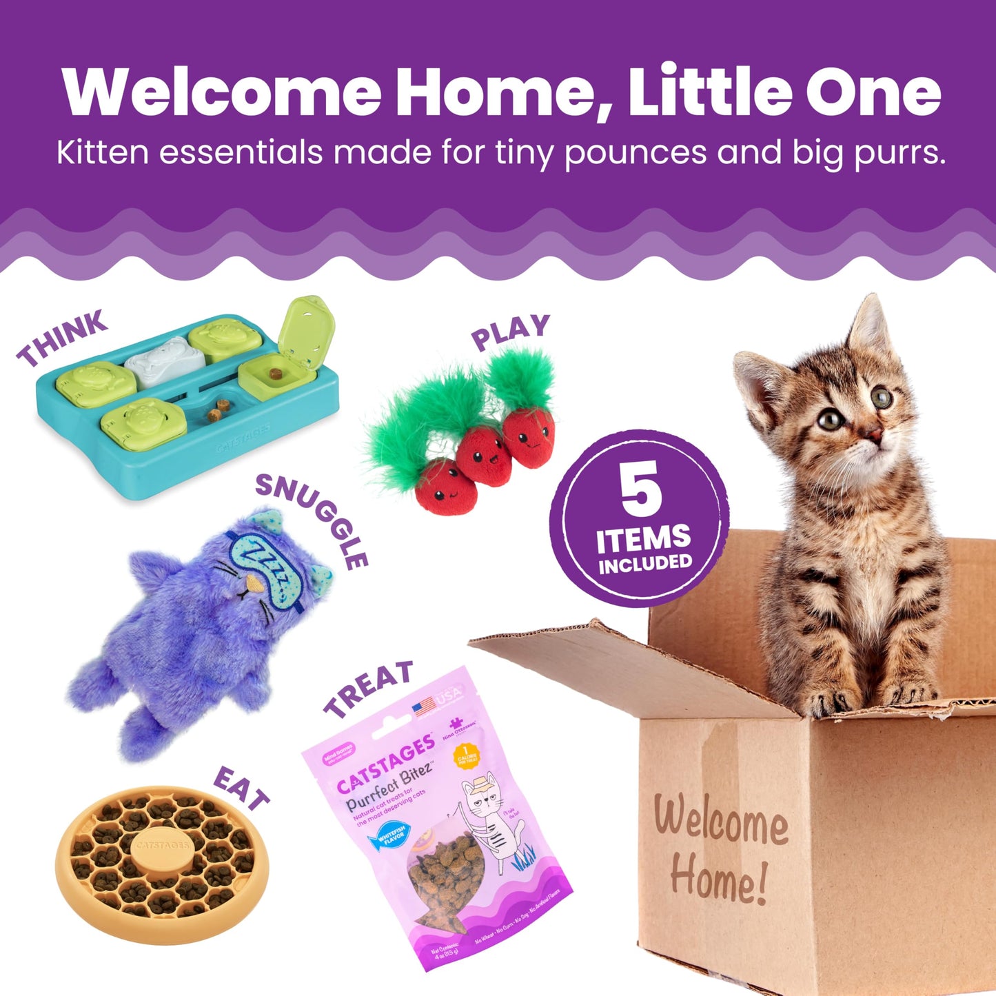 Catstages New Kitten Bundle – Slow Feeder Bowl, Purr Pillow, Strawbabies Catnip Toys, Kitty Cube Puzzle Toy & Whitefish Purrfect Bitez Treats