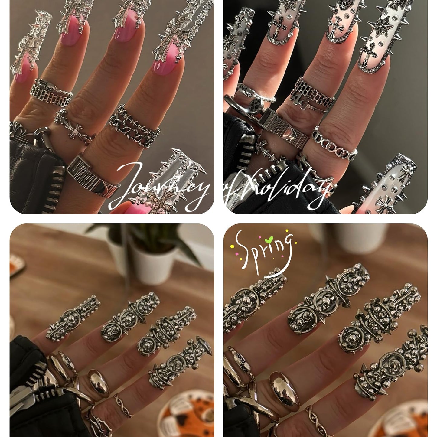 Pizadix 3 Box Punk Silver Nail Charms with Piercing, Studs for Nail Art Decoration