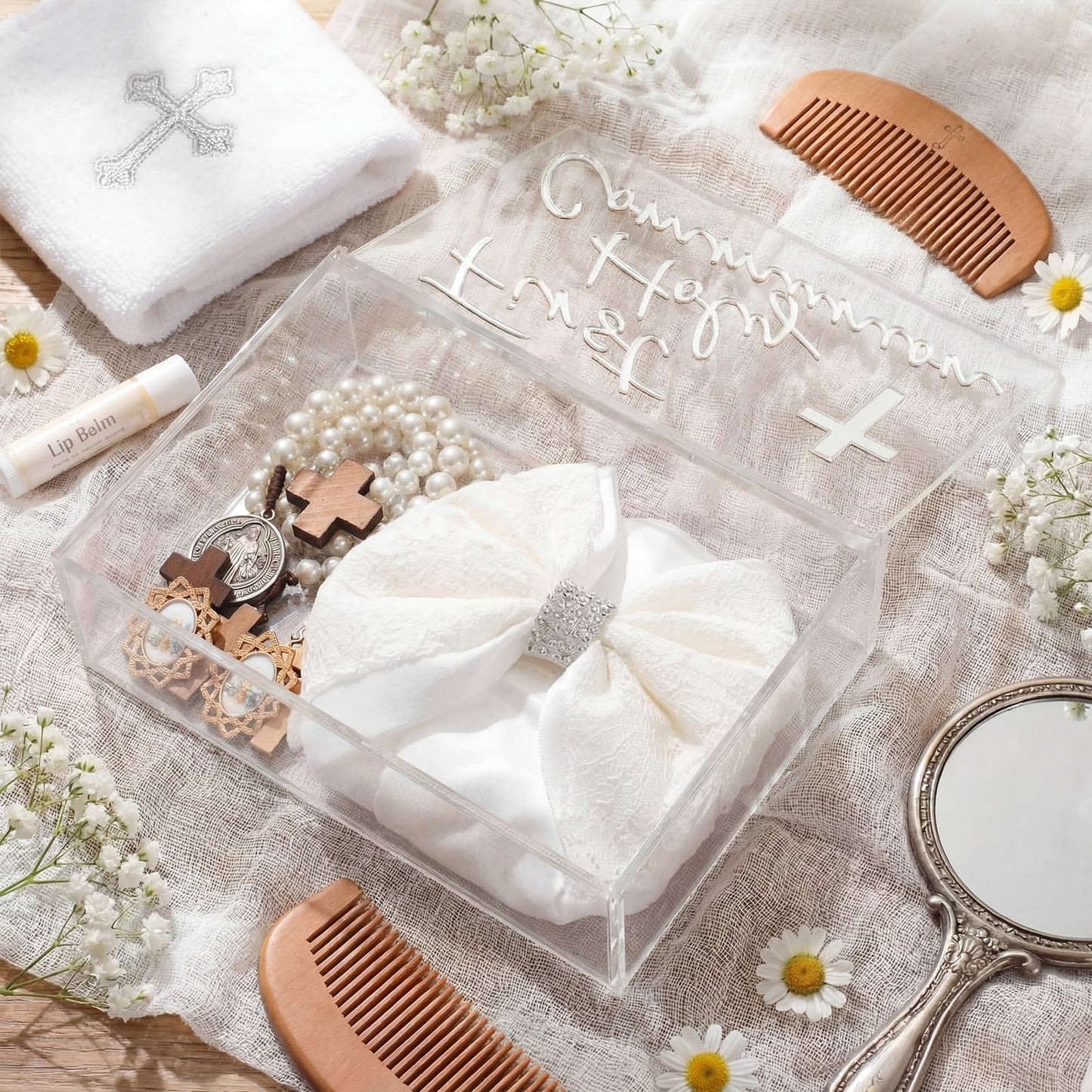 Fiwochic First Communion Keepsake Box Acrylic Baptism Memory Gift Box for Boy Girl Catholic Religious First Holy Communion Prayer Storage Gift for Rosary Jewelry Memento Photo, 8 x 5.5 x 2.36 Inch