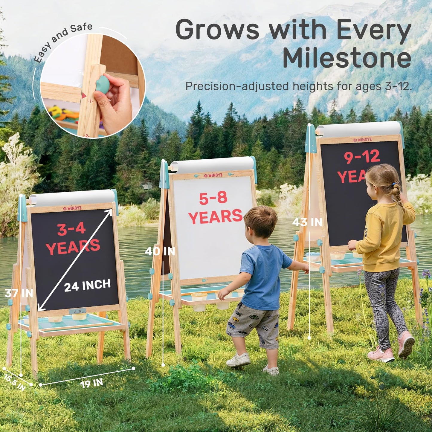 WINGYZ 24" LCD Easel for Kids, 3-in-1 Color Drawing Tablet with Blue Light-Free Screen, Whiteboard & Paper Roll, Adjustable Wooden Art Station for Ages 3-12, Mess-Free Creative Gift for Home & School