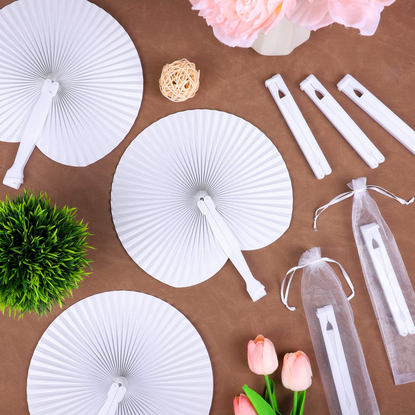 MCEAST 100 Pack Wedding Paper Fans Handheld Folding Fan White Round Shaped Folding Paper Fans Handheld Fan with Plastic Handle and Bags for Wedding Birthday Party Favors Supplies Home Decor
