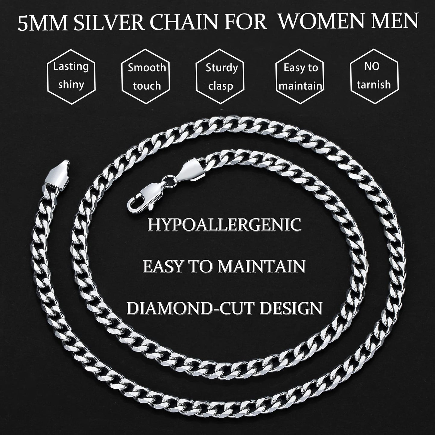 Fiusem Stainless Steel Cuban Link Chain Necklace, 3.5mm/5mm, 24'', Unisex, Silver
