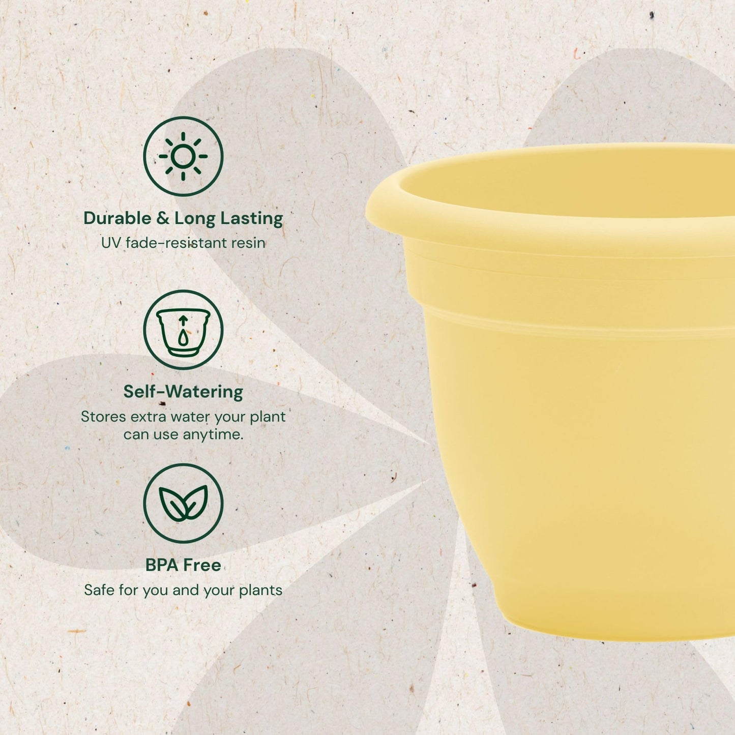 Bloem Ariana 12" Self-Watering Plastic Planter - Rolled Rim Indoor/Outdoor Garden Pot, Daffodil, 2-Pack