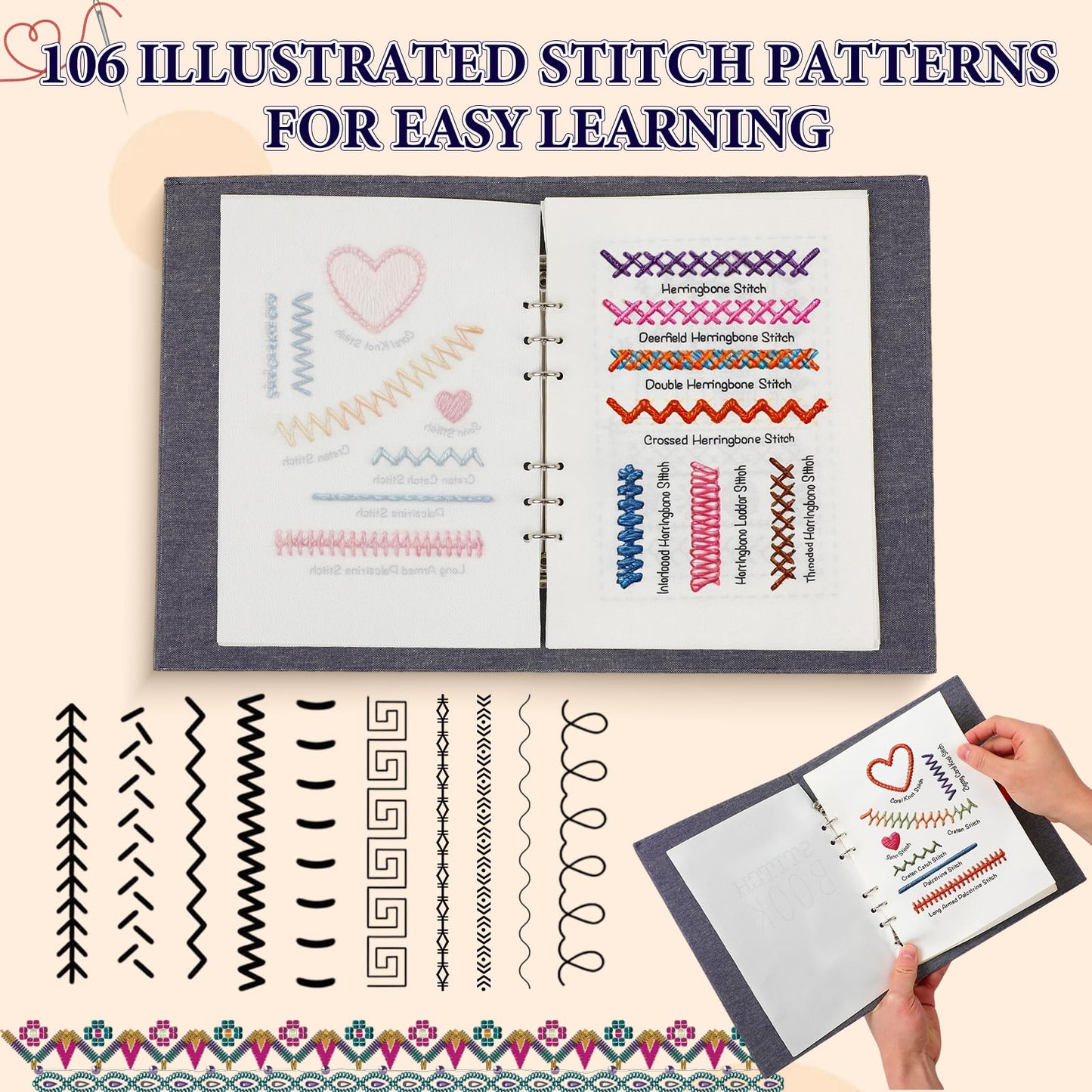 COLORCASA New Embroidery Stitch Book Kit,Embroidery Learning Book,Comes with a Complete Tool kit and Instructional Tutorial,106 Patterns for Beginners Craft Lovers and Sew Enthusiast
