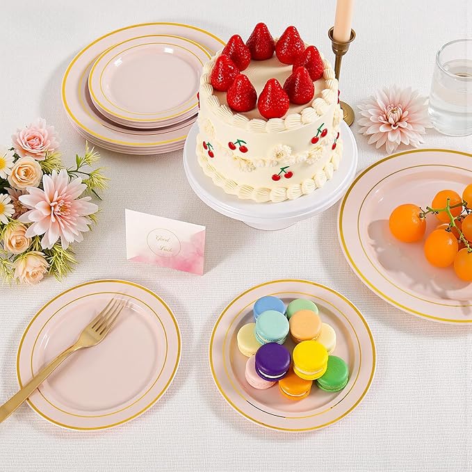 100PCS Pink Plastic Plates, 10 Inch Disposable Dinner Plate Party with Gold Rim, Heavy Duty Disposable Plastic Plates for Party, Wedding & Birthday & Valentine's Day