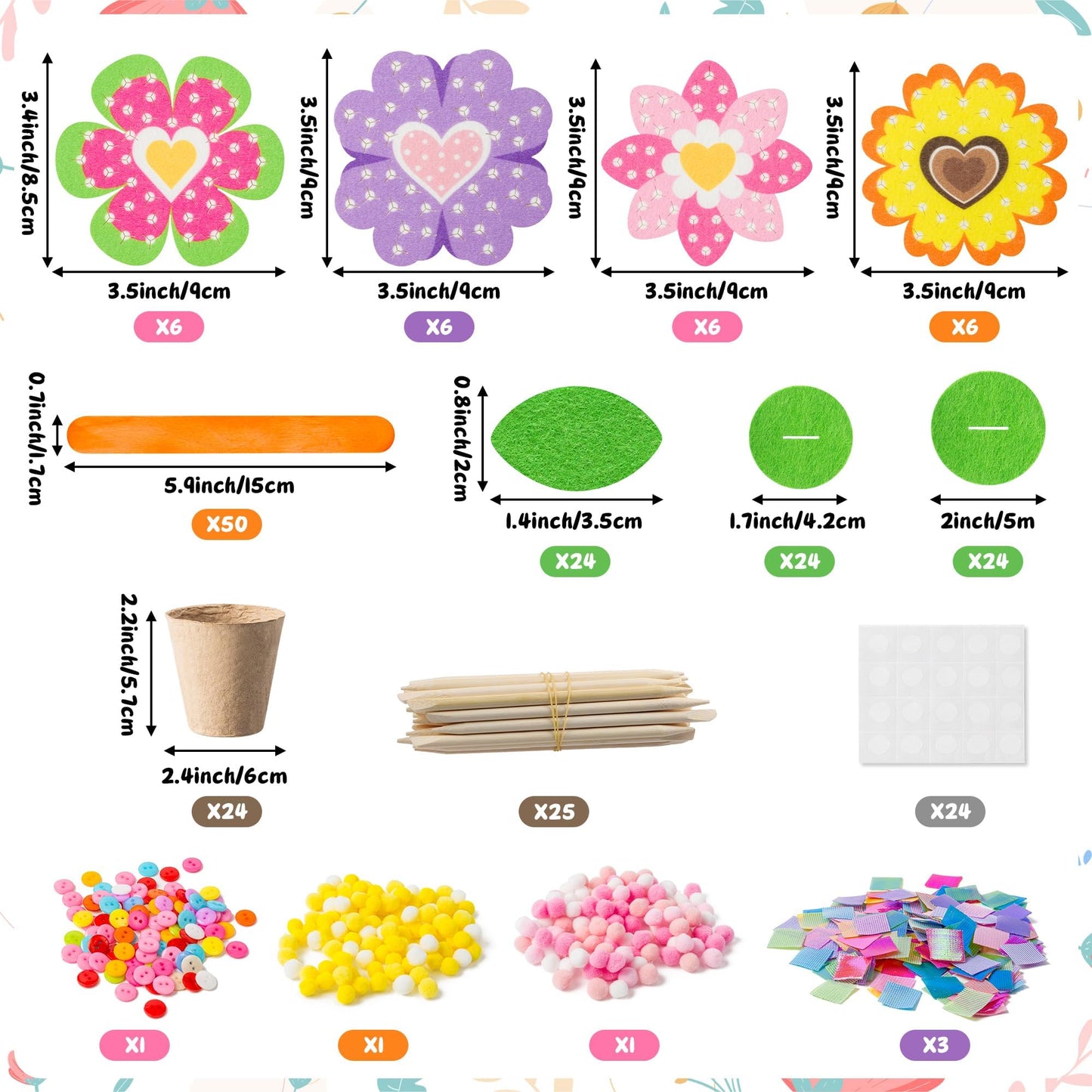 FoszaSzept Poking Felt Flowers Craft Kits - DIY Back to School Felt Standing Flowers Gift with Flower Pot and Fabric Squares, Springtime Creative Activity Home School Fun Activities for Kids (24 Pack)