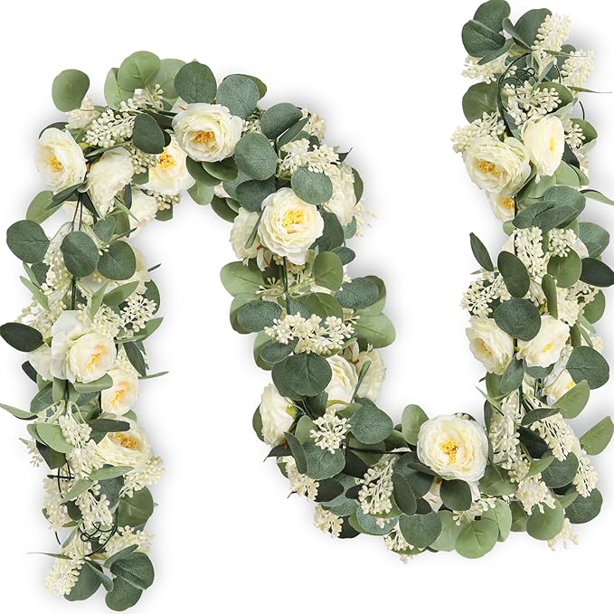 MAKHOT 2PCS Eucalyptus Garland, 6.6Ft Artificial Greenery Garlands Flower Decor, Green Spring Garland Wreath Vines Decorations for Table Home Wedding Mantle Party (Champagne)