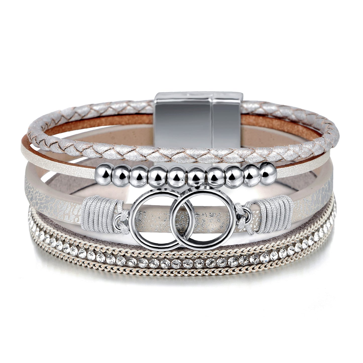 Leopard Bracelet for Women, Boho Leather Wrap Multi-Layer Pearl Crystal Bracelet Bangle Jewelry (Double Circle)