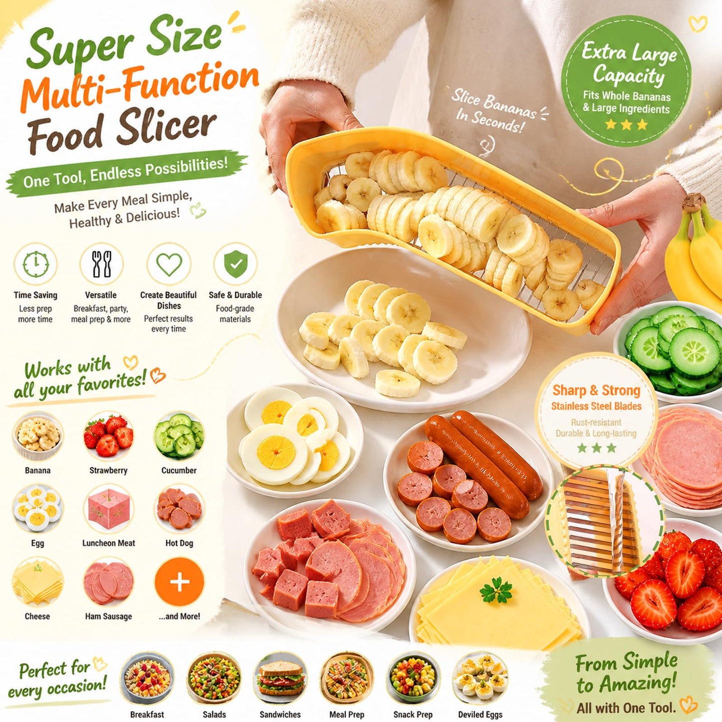 JAYVAR Extra Large Banana Slicer, Spam Slicer, Egg Cutter for Hard Boiled Eggs, Cheese Butter Cutter for Hot Dog Slicing, Multipurpose Strawberry Slicing Kitchen Gadgets for Fruits and Vegetables