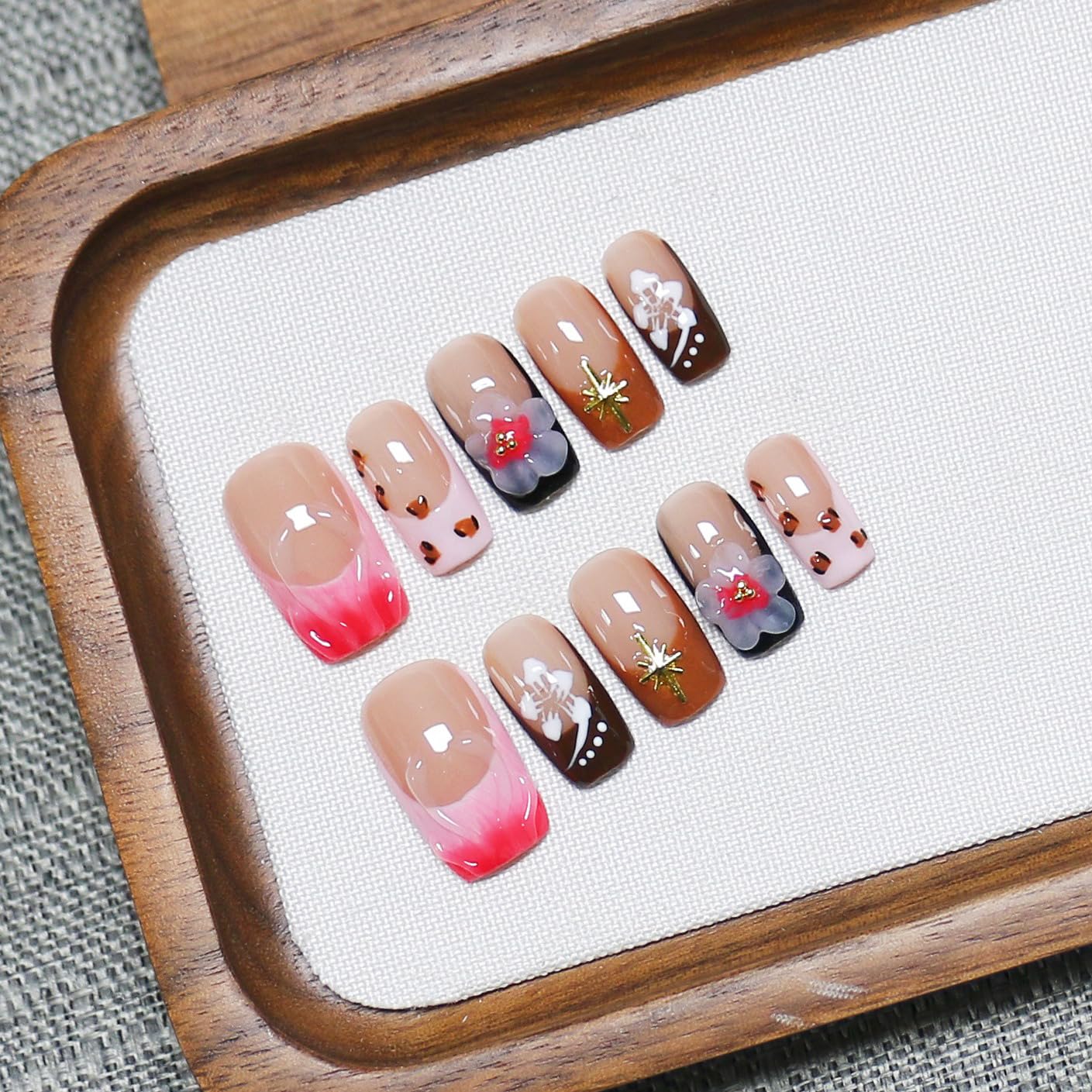 10 Pcs Press on Nails Handmade Square Fake Nails with 3D Flower Designs Gradient French Tip False Nail Luxury Glossy Short Acrylic Nails Press ons Reusable Stick on Nail for Women (S)
