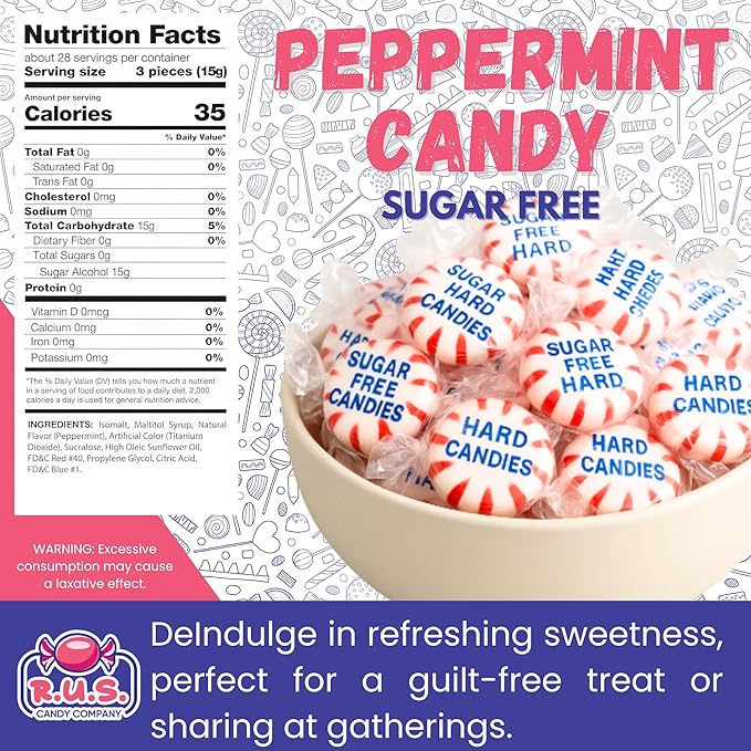Sugar Free Peppermint Hard Candy Starlight – About 150 Individually Wrapped Breath Mints – Bulk 2 Pound Bag – Refreshing Mint Flavor – Keto Friendly, Diabetic Candy, Gluten Free (2 Pound, Peppermint)