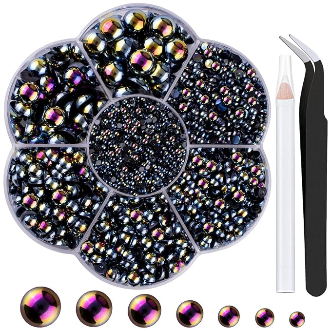 Nail Art Flat Back Half Round Pearl Kits 15, 1 Box of 6000 Pcs Flat-Back Black AB Pearl with Tweezer and Picker Pencil for Home DIY Nails Body Face Craft and Salon Use