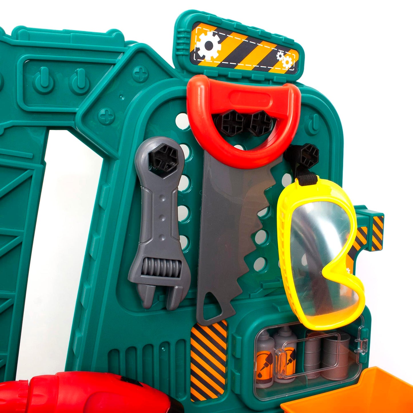 Amazon Basics Kids Workbench Construction Toy, Pretend Play Tool Set with 80 Pieces, Educational Interactive Playset, Play Helmet & Safety Goggles, for Ages 3 and Up, Multicolor, Medium