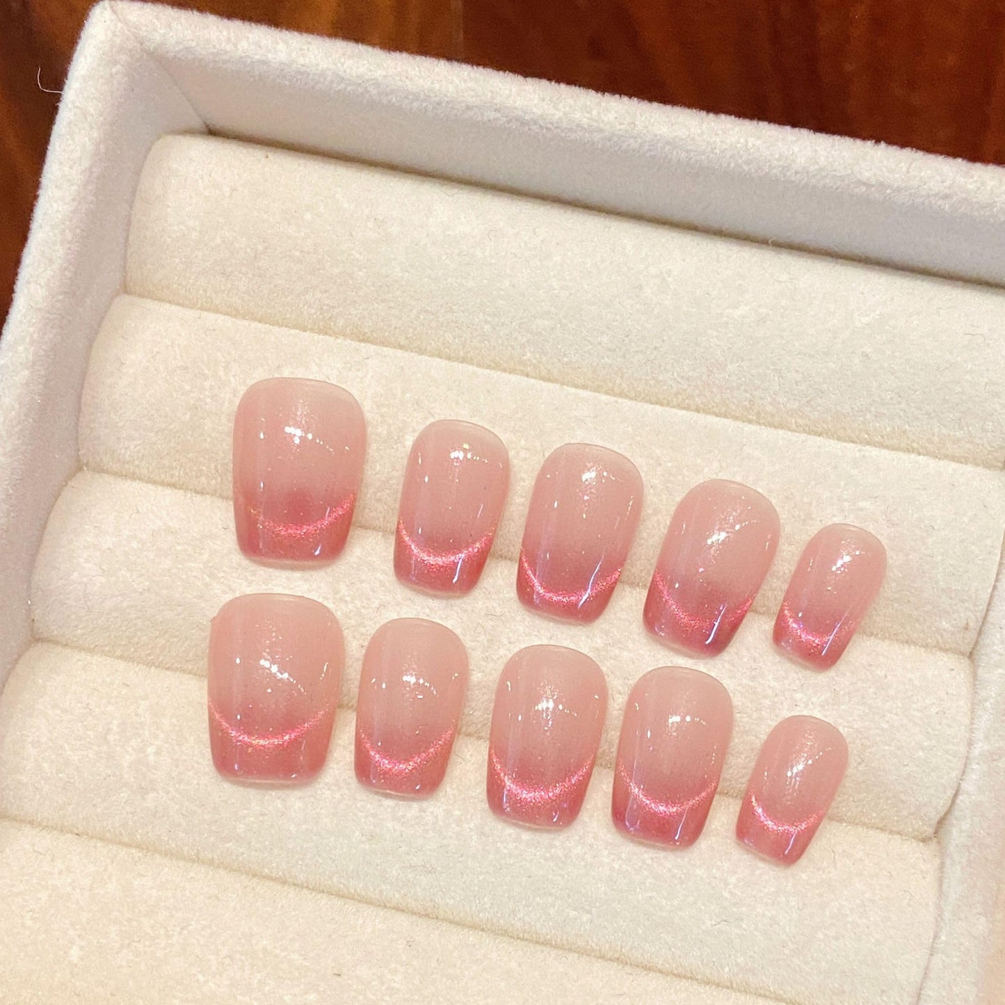 Wsiliana Handmade Fake Nails Press On Nails Medium Short Coffin Pink Tip 3D Design Art Charms Cute with Storage Box 10 Pcs (029, M)