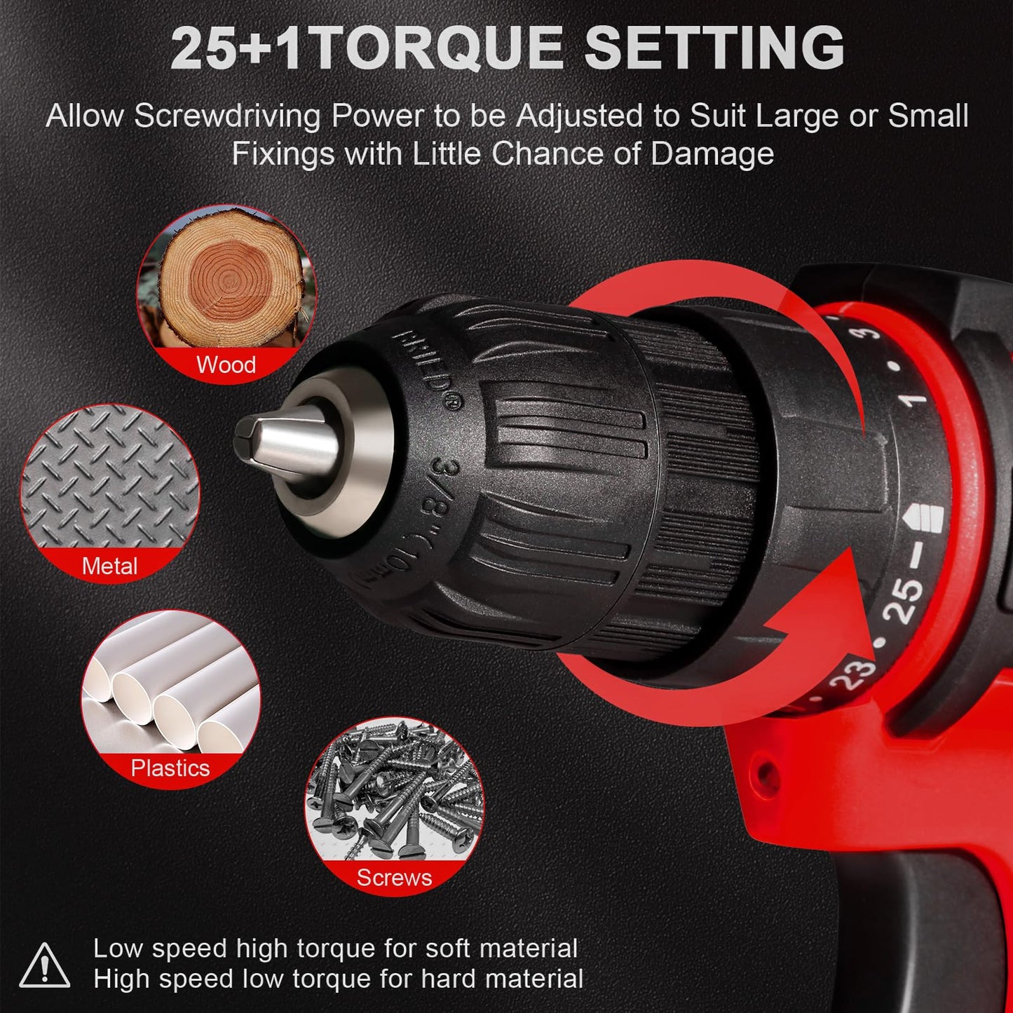 BIHOO Cordless Drill Set,20V Drill Driver with Battery and Charger,3/8-Inch Keyless Chuck, Variable Speed,with Drills Bits Set,Red