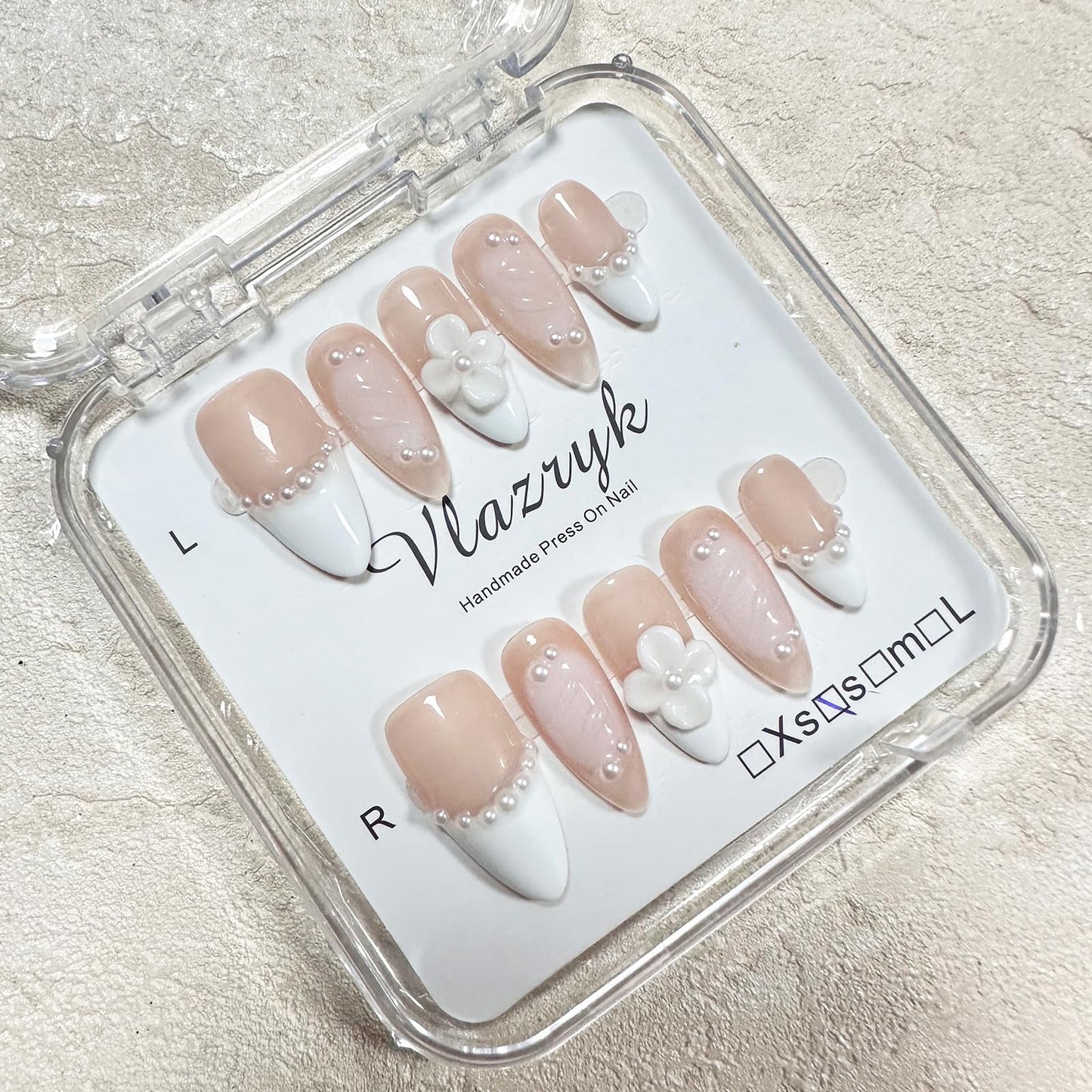 Handmade Press On Nails – Short Almond False Nails for Women, Reusable Acrylic White French Tip with Pearl & 3D Flowers Design – Salon Quality Fake Nails (M-10PCS）