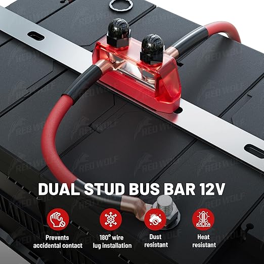 RED WOLF 2PCS 5/16" M8 Dual Stud Bus Bar 12-48V Power Distribution Block Holder 150A DC MAX, Battery Terminal Junction Dual Power Stud Busbar for Car Marine Boat Red & Black w/Screws