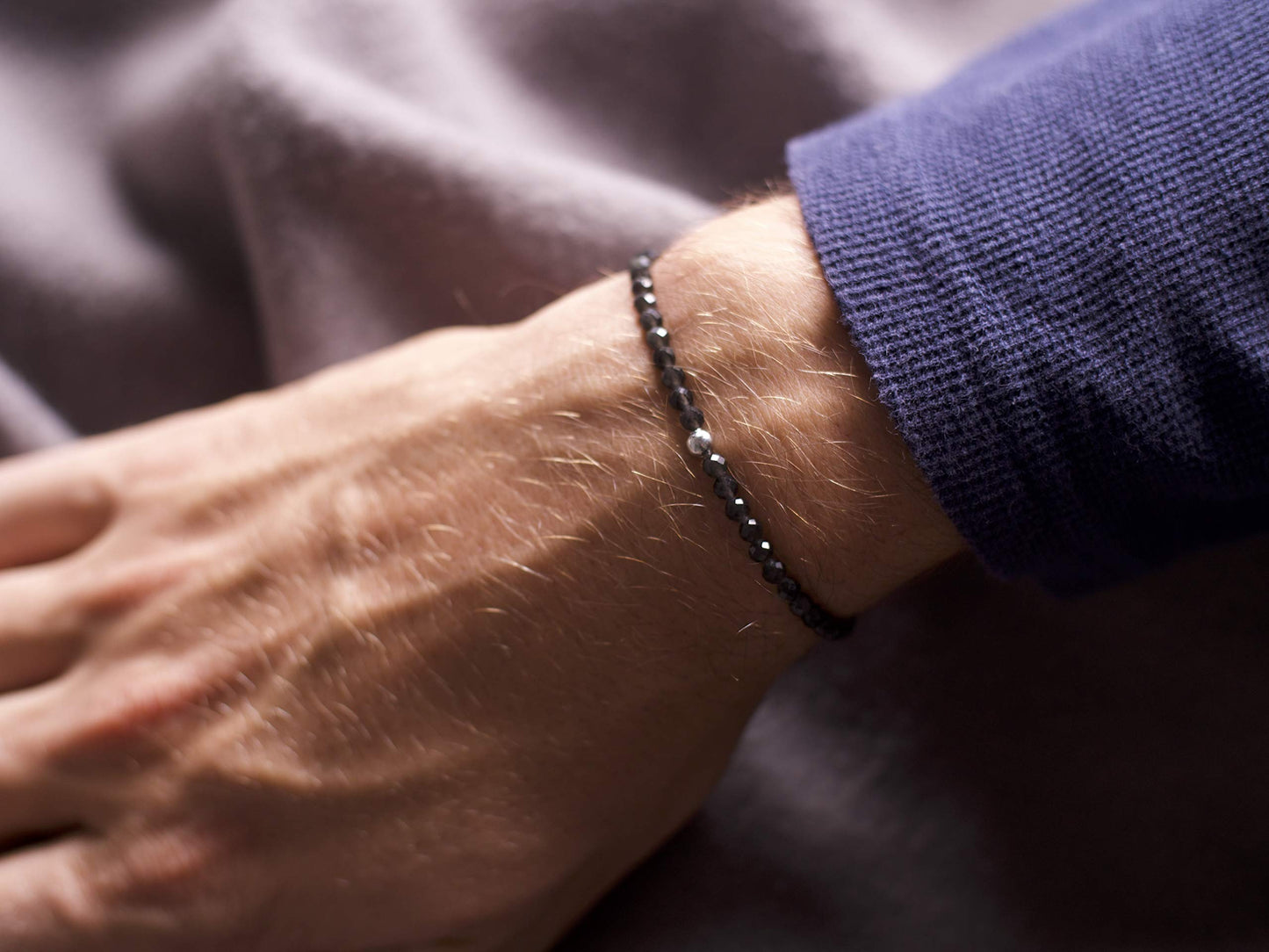 BERGERLIN Genuine obsidian bracelet with 925 Sterling silver - real obsidian bracelet with 4mm pearls, faceted - Size S