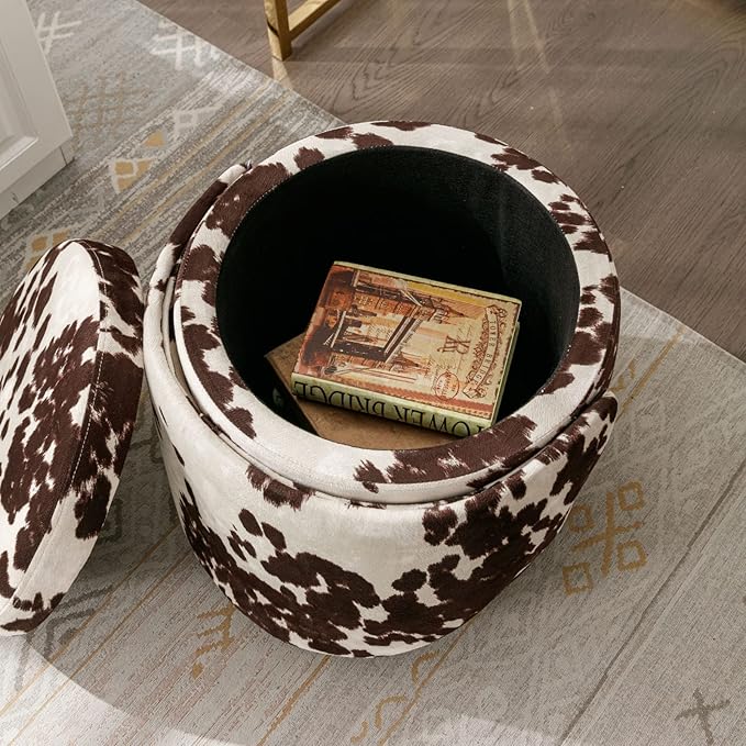 LukeAlon Linen Makeup Ottoman with Storage, Upholstered 360° Swivel Vanity Stool with Foldable Backrest Modern Cylindrical Footrest Stool for Living Room Bedroom, Cow Print
