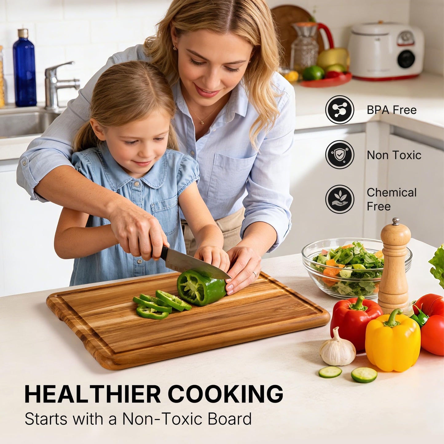 4 Pack Teak Cutting Board Set for Kitchen Heavy Duty Non Toxic Non Slip Solid Thick Wood Haus Chopping Board Extra Large Big Small Meat Best Wooden Charcuterie Board