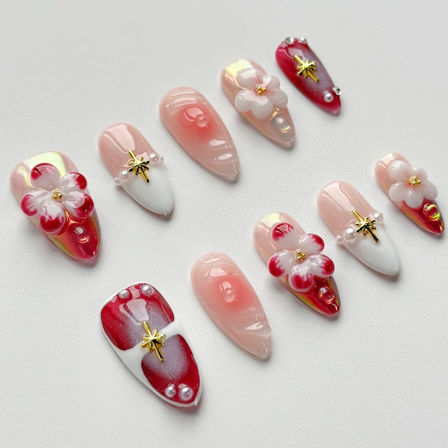 Luxury Press on Nails Medium Almond Handmade 3D Unique Reusable ABS Material Fake Nails Chrome French Tip False Nails with Designs Pink Flower Pearls Glossy Glue on Nail Thick Acrylic Nail(S)
