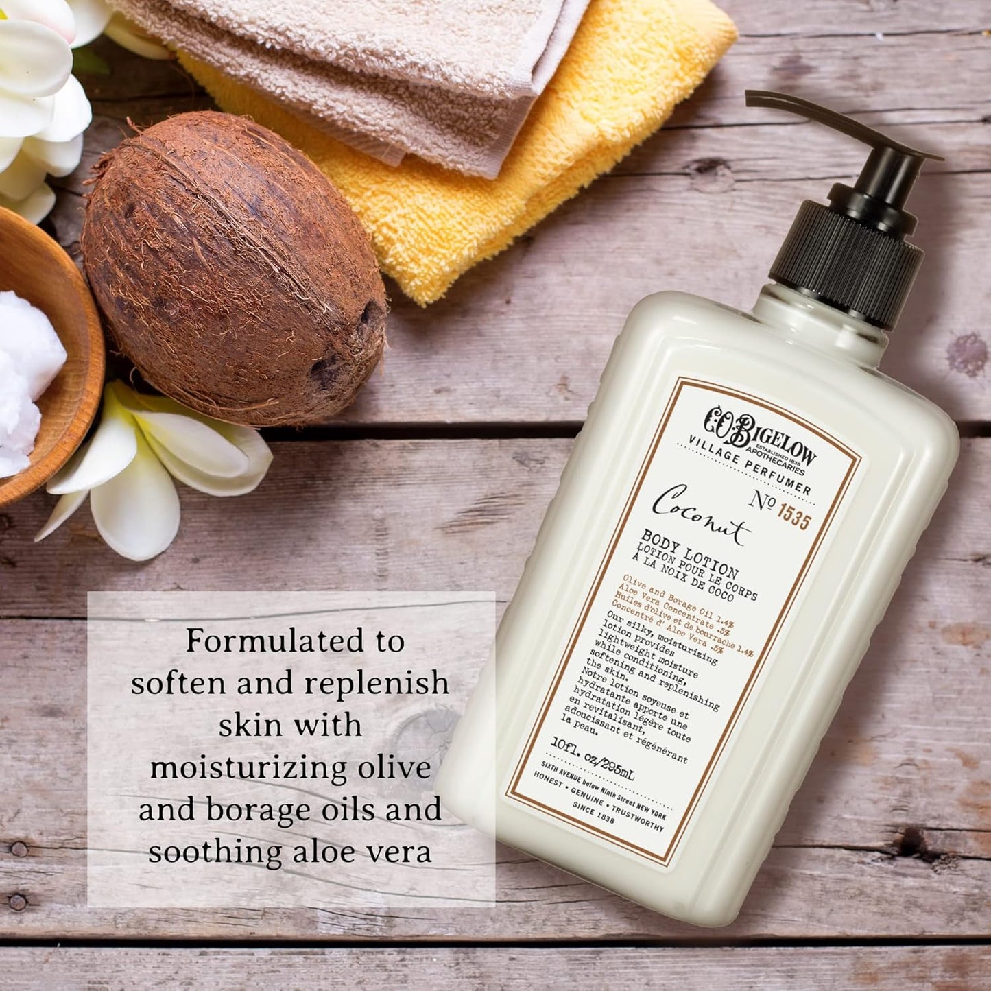 C.O. Bigelow Coconut Body Lotion, Village Perfumer Moisturizing Body Lotion with Aloe Vera, Borage Oil & Olive Oil, 10 Fl Oz