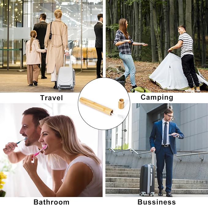 Yeeco 2 Pcs Portable Bamboo Toothbrush Case, Wooden Toothbrush Covers Storage Container Reusable Toothbrush Travel Holder Sustainable for Trip Camping Home Travelling Attach 4 Pcs Sticky Label