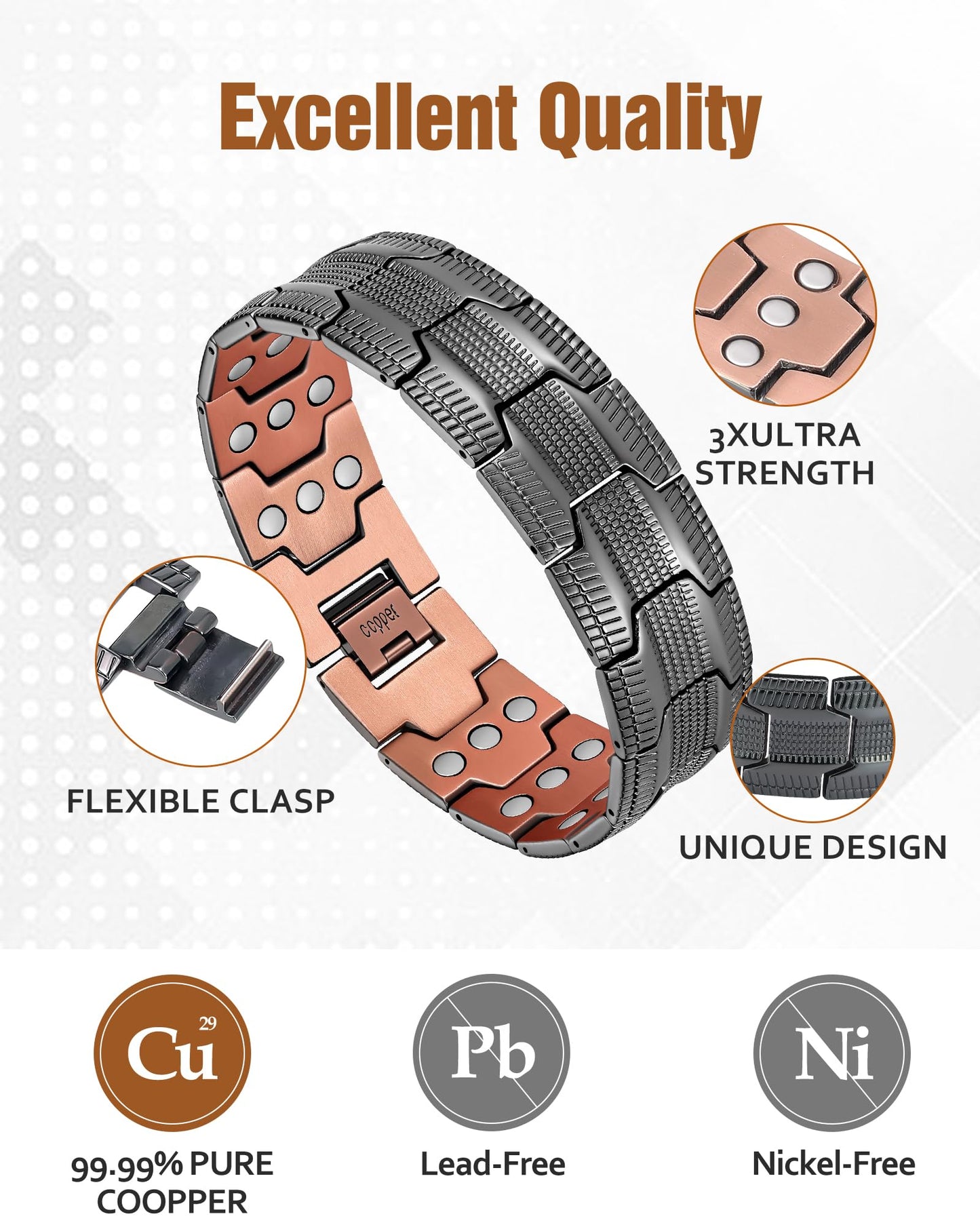Jecanori Copper Bracelet for Men, 3X Strength Magnetic Bracelets for Men,Ideal Gift, Grey