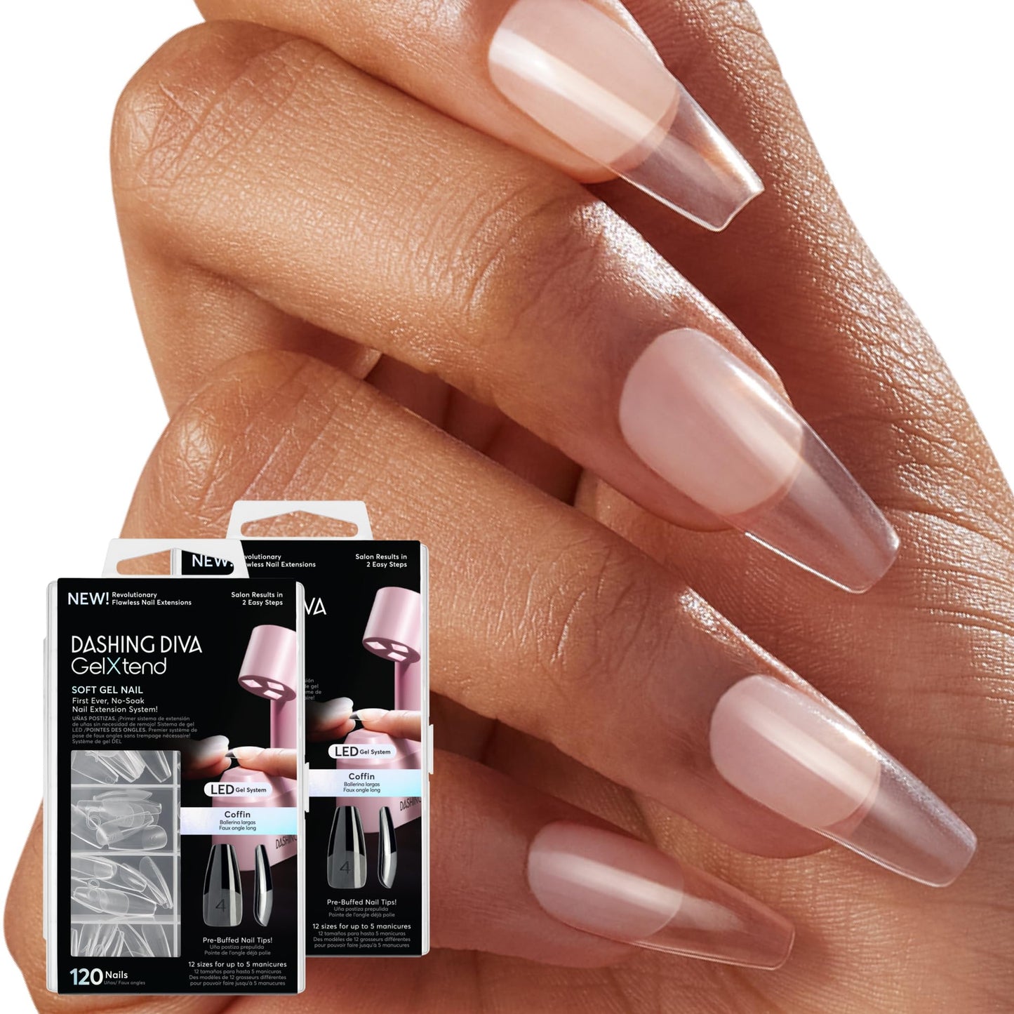 Dashing Diva GelXtend Nail Tips, 2 Pack - Clear, Long Length Coffin - Acrylic Nails with LED Glue - Lasts Up to 14 Days - False Nails - No-Soak, Easy Removal