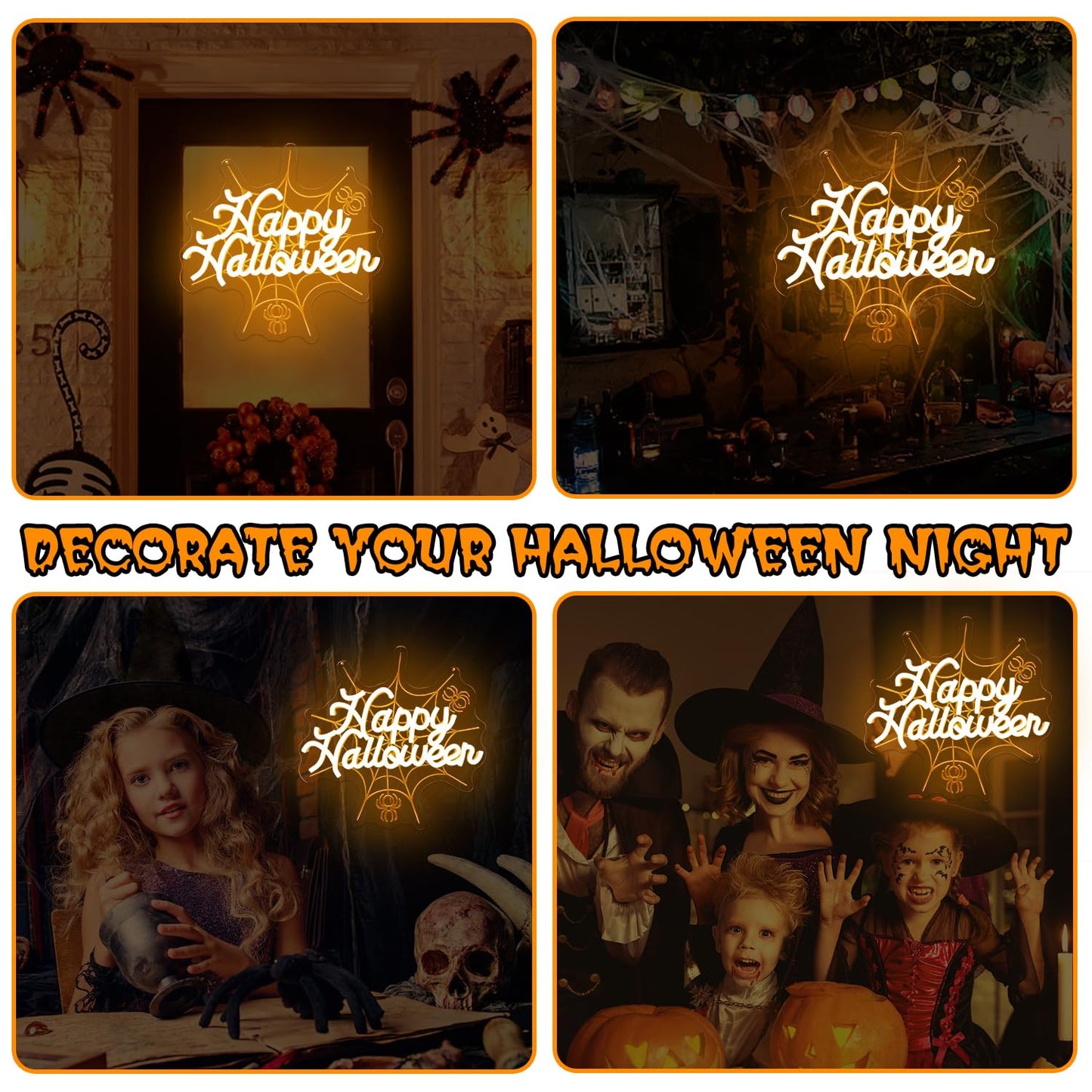 hhuohuona Happy Halloween Neon Sign Dimmable Neon Halloween Sign 3D Spider Web With Glowing Happy Halloween Led Window Lights Gothic Light Up Sign for Party
