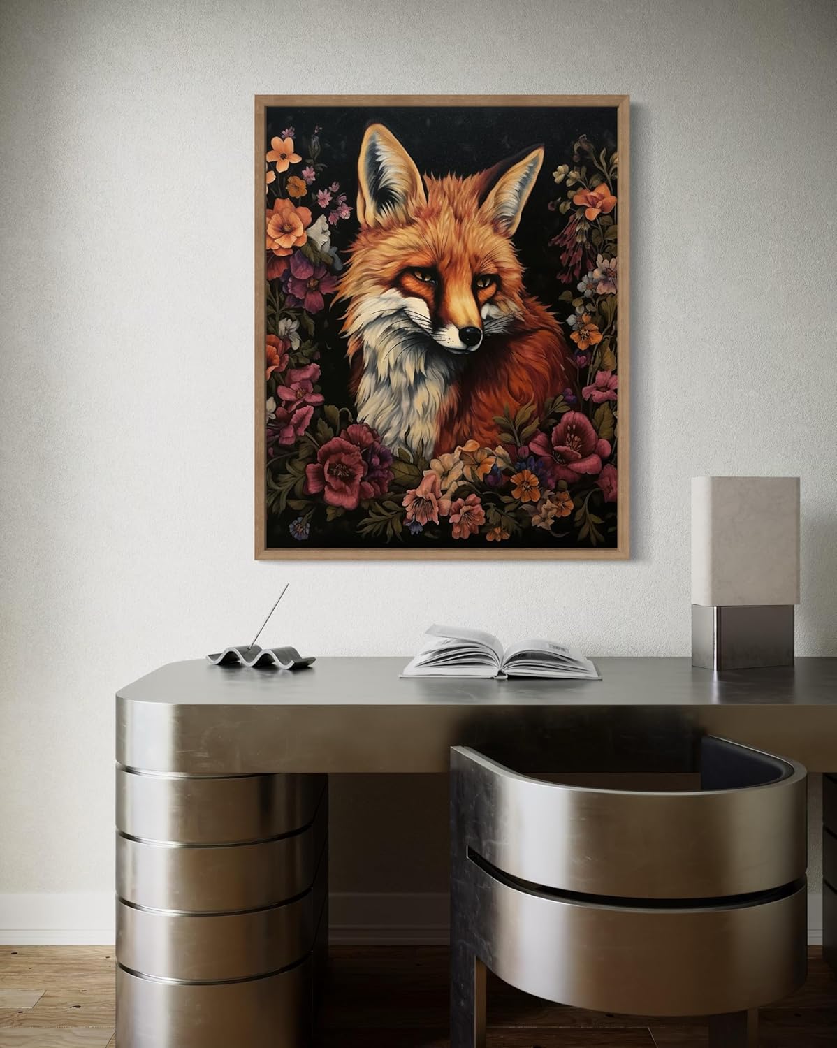 Fox and Flower Poster Art Print, Halloween Scary Vintage Wall Art Academia Spooky Painting Decoration for Horror Prints, Gothic Posters Bedroom Decor 89 (Fox and Flower, 8 x 10 inches, Wood Frame)