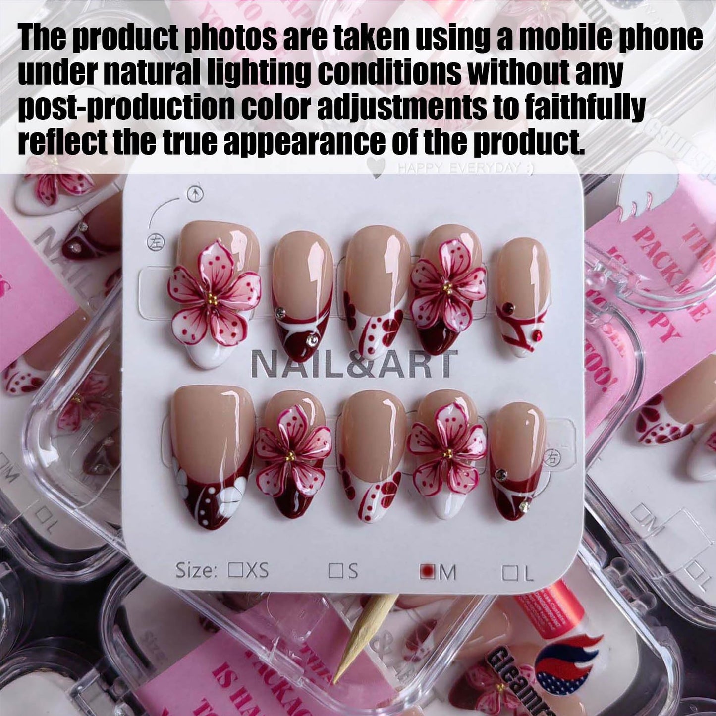 Gleamrain Luxury Professional Manicurist Handmade Nails Press Ons Almond Shape Short Press on Nails with French Tip and 3d Flower Design Nude Base Spring and Daily Use for Women 10pcs Pattern 25