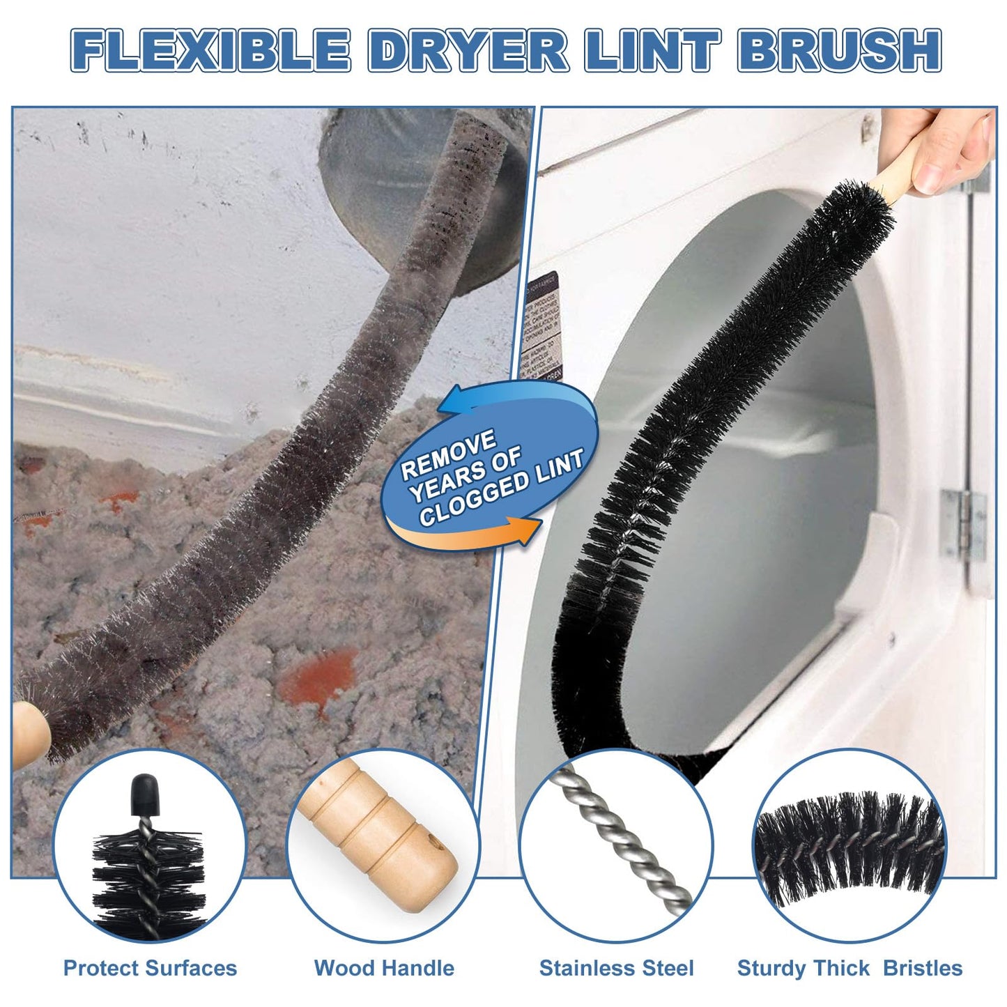PetOde 2 Pieces Dryer Vent Cleaner Kit Compatible with Most Vacuum Cleaner, Dryer Lint Brush and Vacuum Hose Attachment with Universal Connector, Quickly Lint Remover