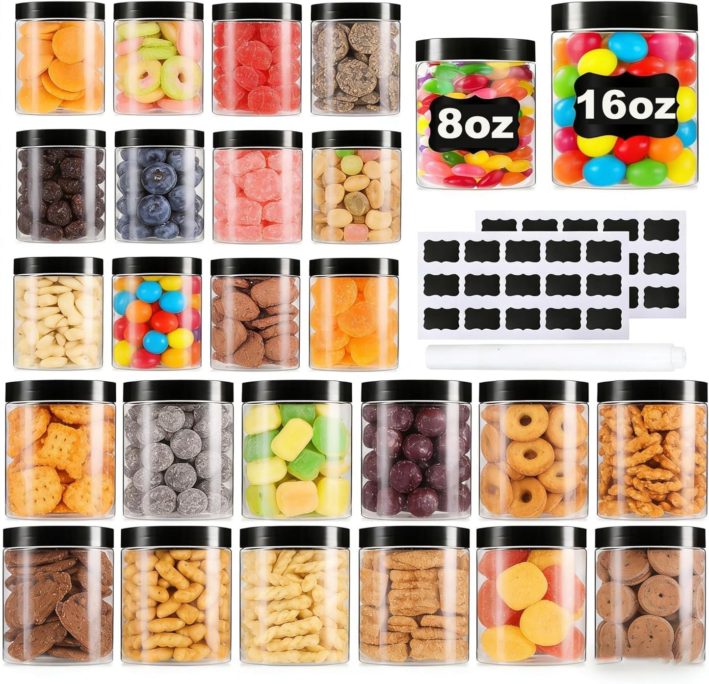 Large & Small Plastic Jars Combo (24 Pack) 12 Large 16 oz & 12 Small 8 oz Leak-Proof Clear Containers with Lids, Mason Jars, Perfect for Storing Spices, Cookie, Candy, and Dry Food, Empty Jars