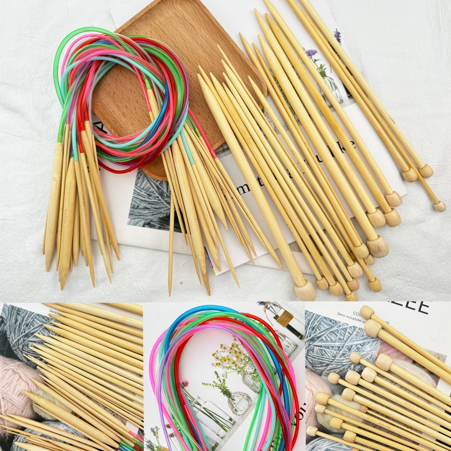 Hobekoee Knitting Needles Set,36 PCS 9.8" Straight Single Pointed Bamboo Knitting Needles ＆ 18 Pairs 31.5” Bamboo Circular Knitting Needles Set with Colorful Plastic Cable,18 Sizes: 2mm-10mm