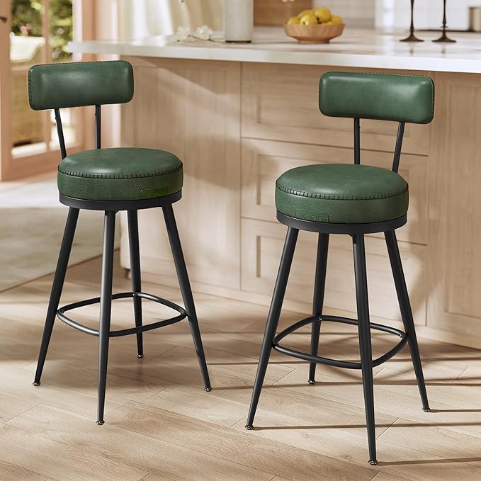 VASAGLE EKHO Collection - Bar Stools Set of 2, Swivel Counter Height Bar Stools with Back, Synthetic Leather with Stitching, Mid-Century Modern, 25.6-Inch Tall Barstools for Kitchen Bar, Forest Green