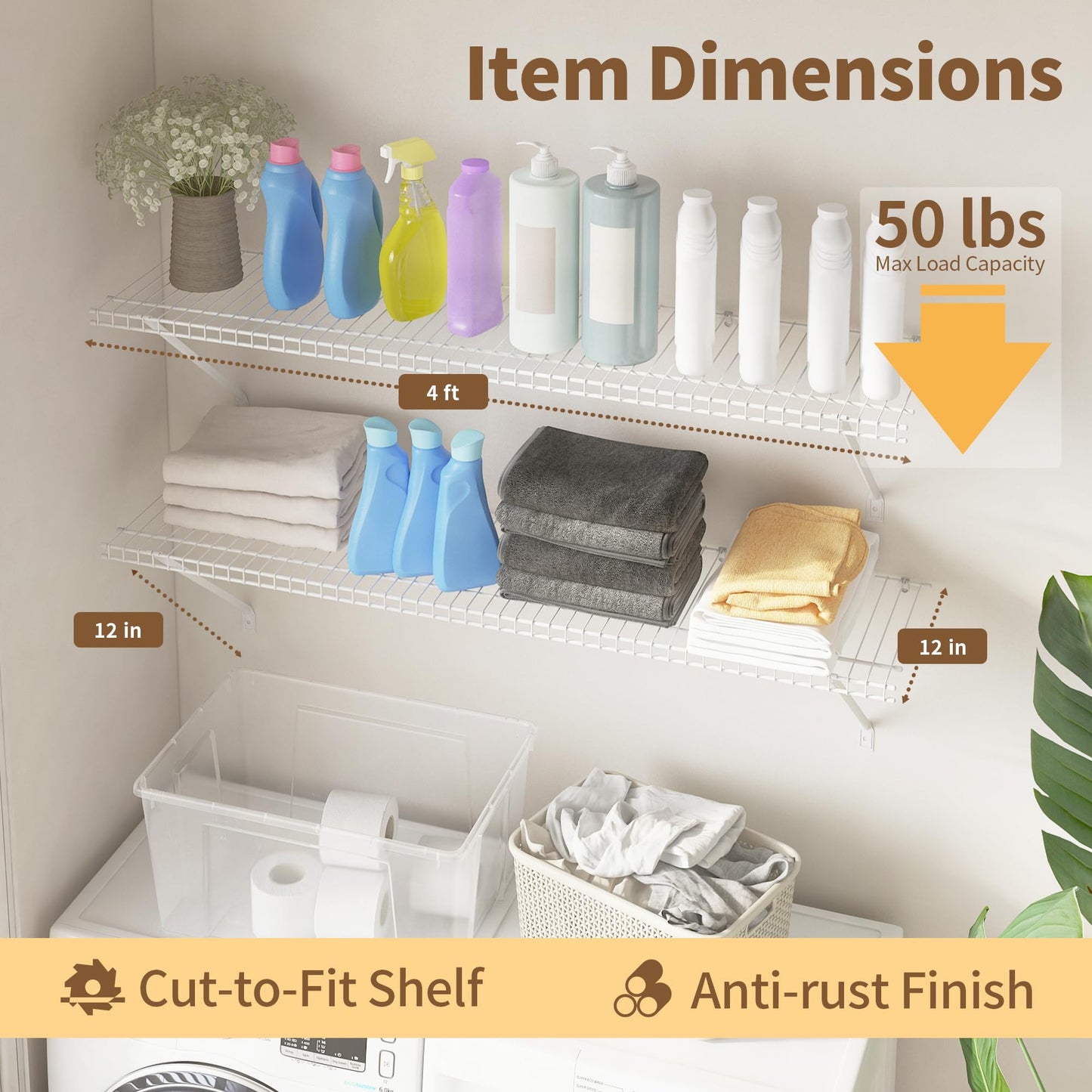 PROWORX Closet Shelves Wall Mounted, 4 Pack 4 ft x 12 in White Wire Shelving Kit, Metal Wall Shelf Organizer for Home, Pantry, Laundry Room Storage