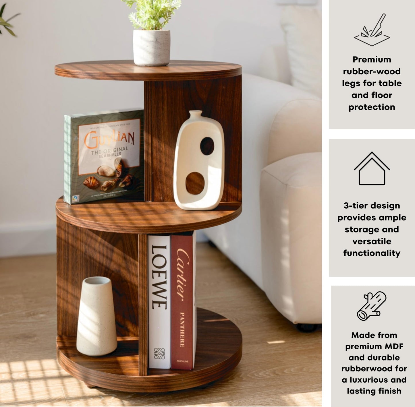 KAYMILY Round End Tables, Mid Century Modern 3 Tier Side Table for Living Room, Bedroom, Office, 25" Tall Accent Nightstand with Open Storage Shelves, Easy Assembly, MDF Wood - Stationary - Walnut
