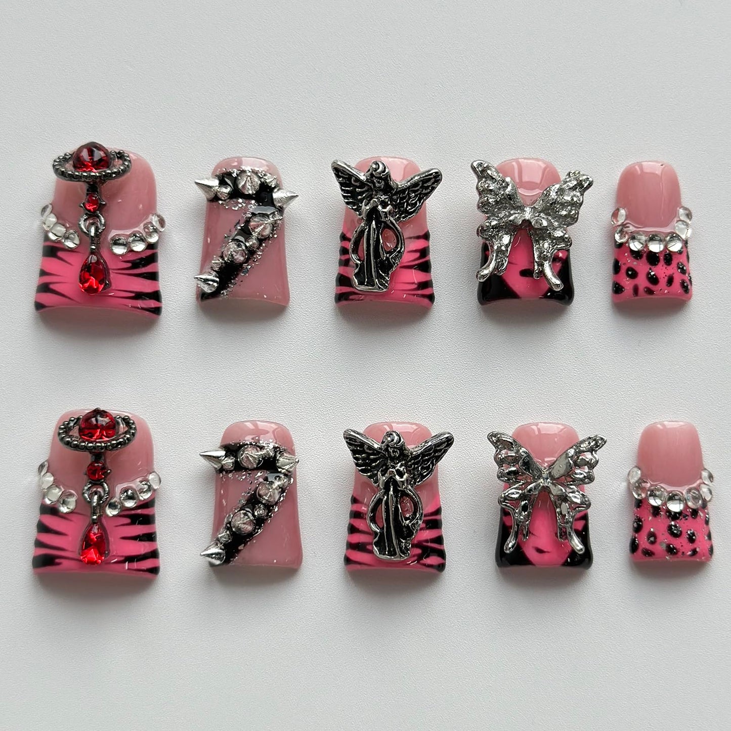 Luxury Press on Nails Short Duck Handmade 3D Unique Reusable ABS Material Fake Nails Pink French Tip False Nails with Designs Butterfly Rhinestones Rivet Glossy Glue on Nail Thick Acrylic Nail(S)