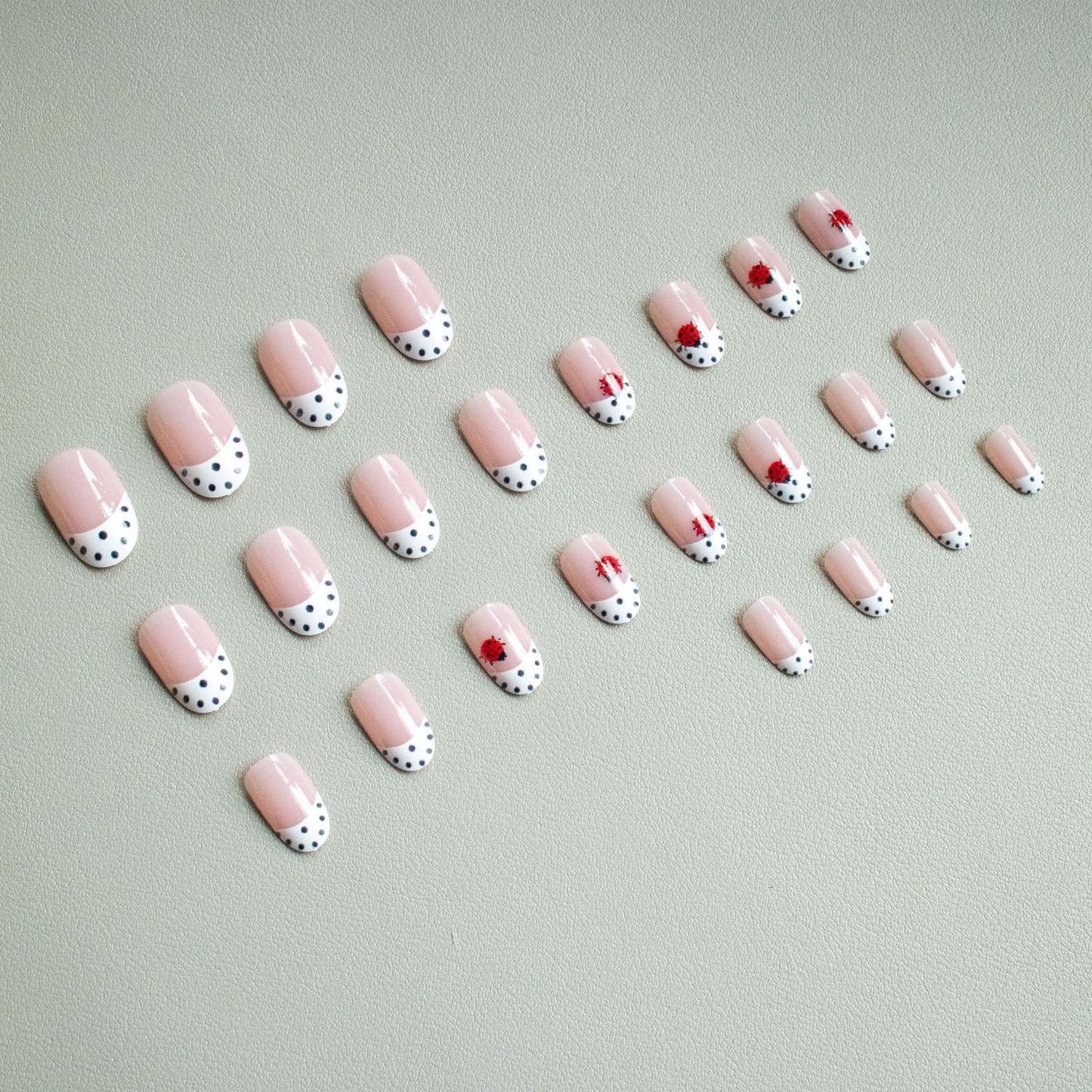 IMSOHOT Press on Nails Short Oval Fake Nails Polka Dot French False Nails with Ladybug Design Glossy Full Cover Acrylic Glue on Nails for Women Girls Manicure 24Pcs