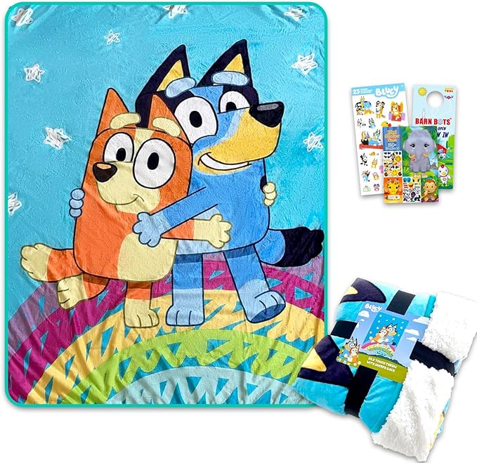 Bluey Fleece Blanket Set - Bundle with Large Soft Toddler Throw Plus Stickers, More for Kids, Boys, Girls, Toddlers | Big Bluey and Bingo Blanket 60" x 80"